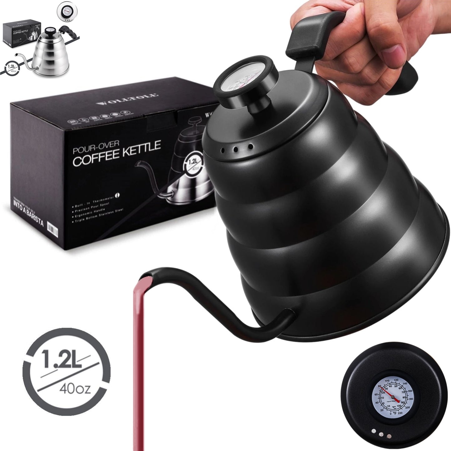 40oz/1.2L Stainless Steel Coffee Kettle with Thermometer, Gooseneck Thin Spout for Hand Drip Pour Over Coffee Tea Pot Teapot